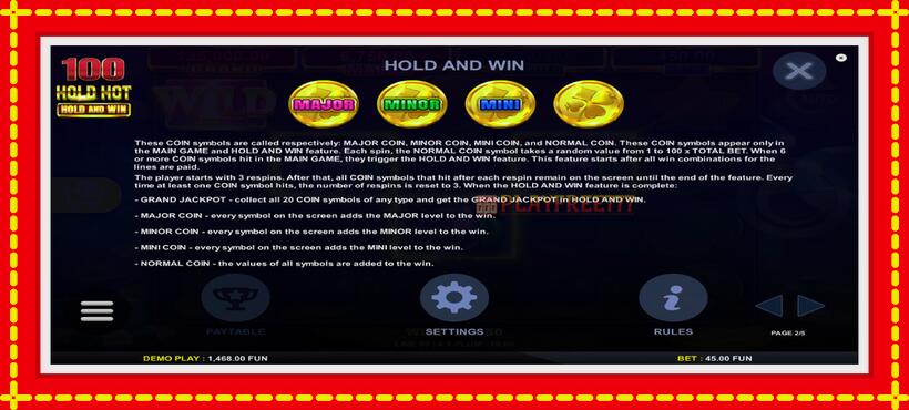 Slot machine 100 Hold Hot Hold and Win with access to free game online, picture 6