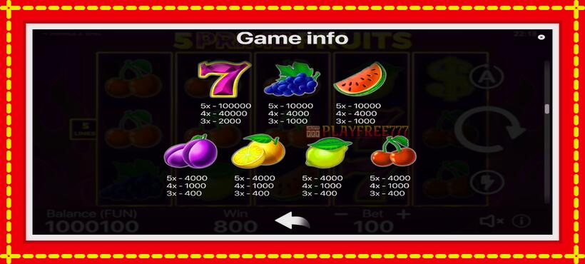 Slot machine 5 Prime Fruits with access to free game online, picture 5