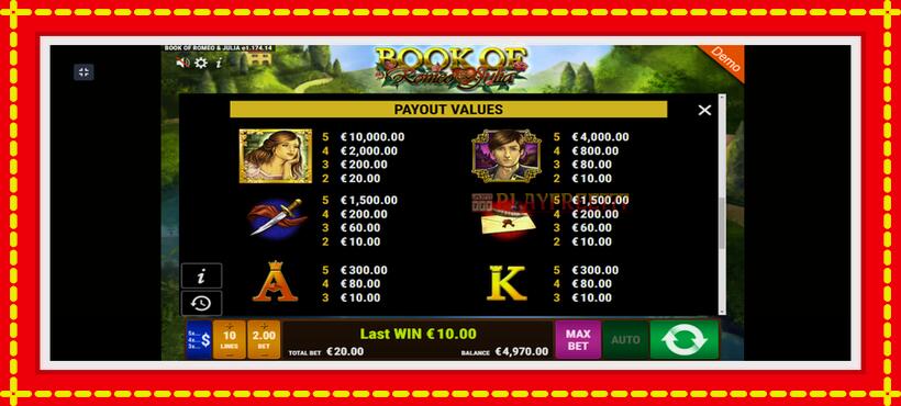 Slot machine Book of Romeo and Julia with access to free game online, picture 6