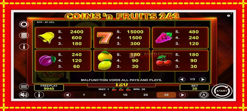 Slot machine Coinsn Fruits 243 with access to free game online, picture 5