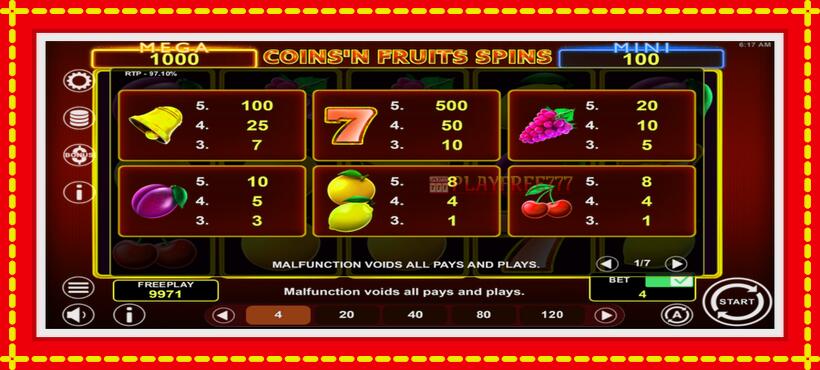 Slot machine Coinsn Fruits Spins with access to free game online, picture 5