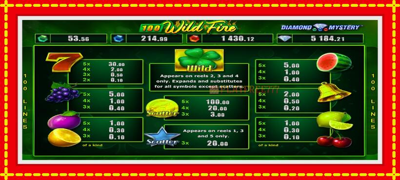 Slot machine Diamond Mystery 100 Wild Fire with access to free game online, picture 4