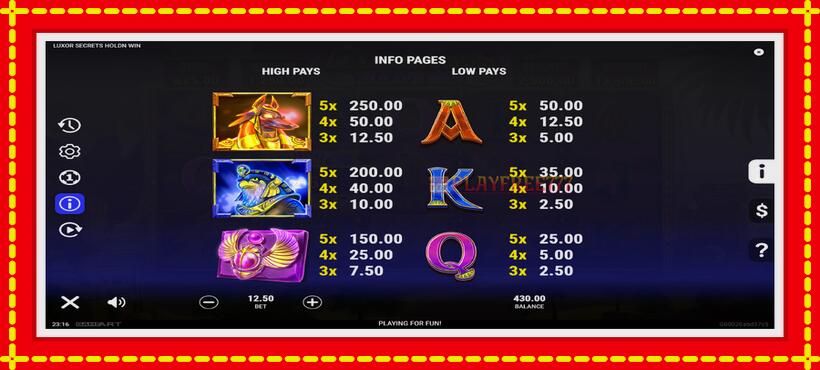 Slot machine Luxor Secrets Holdn Win with access to free game online, picture 6