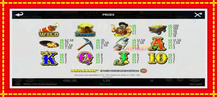 Slot machine Miniera dOro Mania Megaways with access to free game online, picture 5