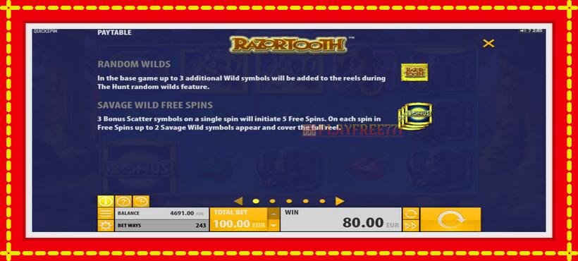 Slot machine Razortooth with access to free game online, picture 4