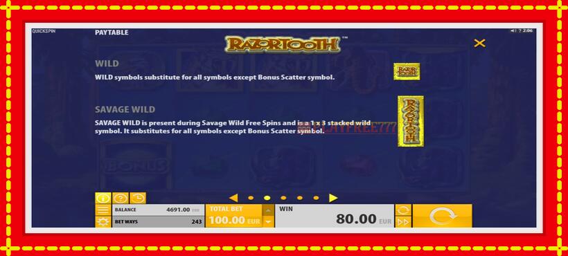 Slot machine Razortooth with access to free game online, picture 5