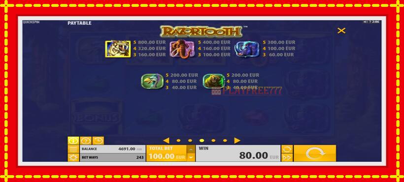 Slot machine Razortooth with access to free game online, picture 6