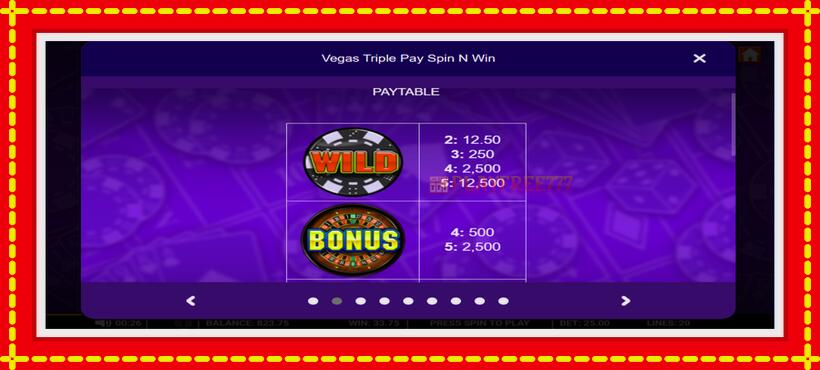 Slot machine Vegas Triple Pay Spin n Win with access to free game online, picture 3