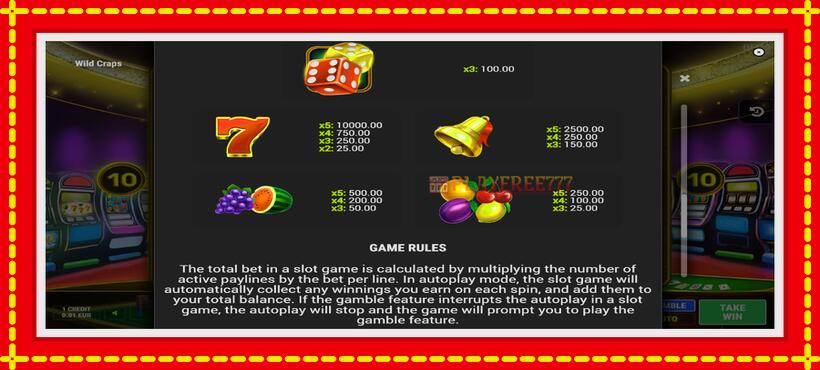 Slot machine Wild Craps with access to free game online, picture 7